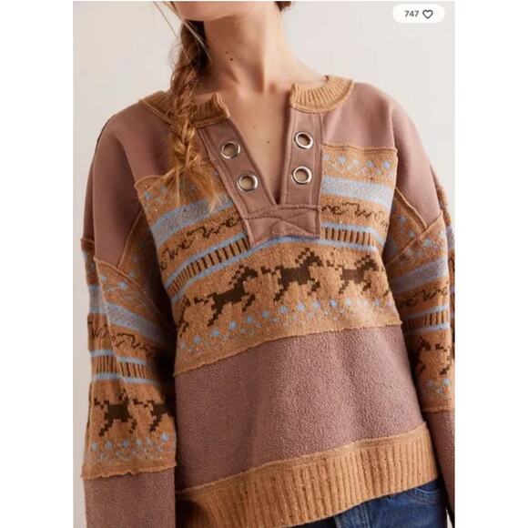 Free People Running Wild Pullover Horse Graphic Printed Sweater XL NEW - Picture 1 of 5